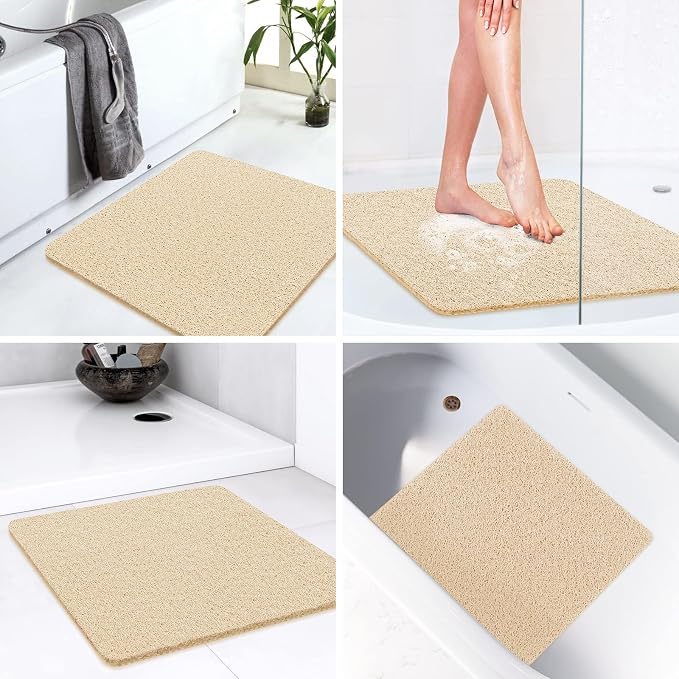 LuxStep Shower Mat Bathtub Mat,24x24 inch, Non-Slip Bath Mat with Drain, Quick Drying PVC Loofah Bathmat for Tub,Shower,Bathroom (Phthalate Free,Khaki)