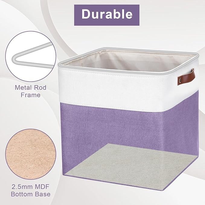 Bagnizer 13x13 Cube Storage Bins, Collapsible Fabric Storage Box, 4 Pack Closet Baskets with Handles for Organizing, Shelf, Toys, Clothes, Home, Office, Nursery (Purple&White)
