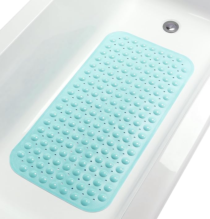 Large Non-Slip Bathtub & Shower Mat 31”x16” (Smooth/Non-Textured Tubs Only) Safe, Clean,Machine-Washable, Superior Grip&Drainage, Vinyl, Opaque Aqua/Blue-Green