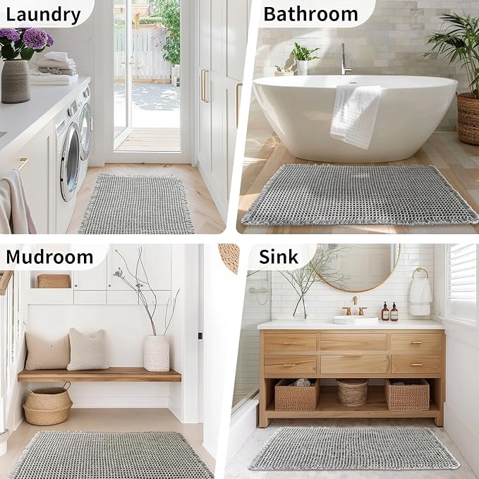 Waffle Bath Mat - Boho Bathroom Rugs Non Slip Washable, Super Absorbent & Quick Dry, Soft Bath Mat Farmhouse Bathroom Decor, 24'' x 48'', Dark Grey