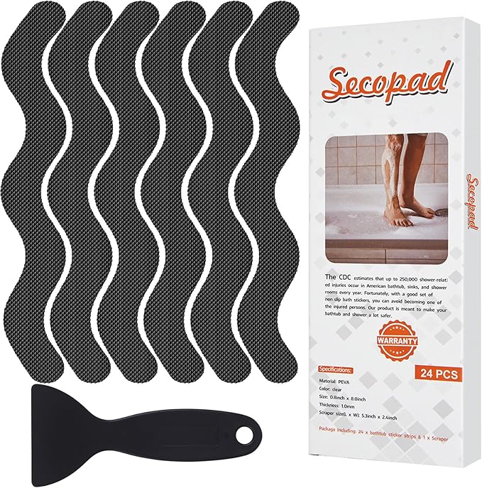 Secopad Patented Anti Slip Shower Stickers, 24PCS Adhesive Decals Safety Strips with Scraper for Bath Tub, Shower Floor, Stairs, Black, 0.8"*8"