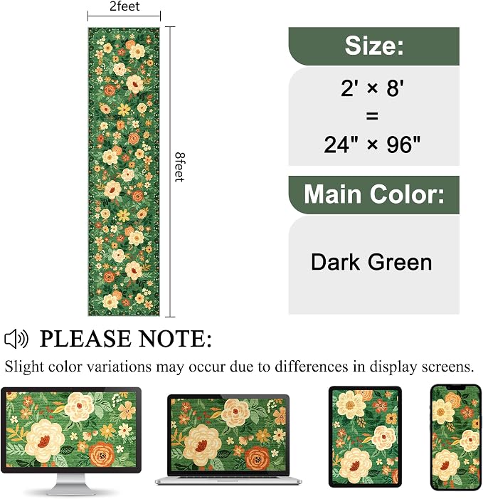 DUKINO 2x8 Runner Rug for Hallway, Washable Kitchen Runner Rug with Rubber Backing Non Slip, Low Pile Soft Boho Floral Thin Carpet for Entryway, Hallway, Bathroom, Laundry Room, Dark Green