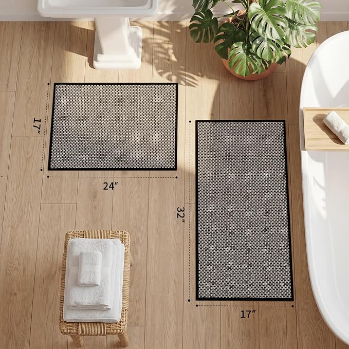 YIHOUSE Thin Bath Mat Black Bathroom Rugs Sets 2 Pieces, Non Slip Absorbent Mats Quick Dry, Woven Rugs Washable, Tapetes para Baño for Bathroom Toliet,Bathtub(17"x24"+17"x32")
