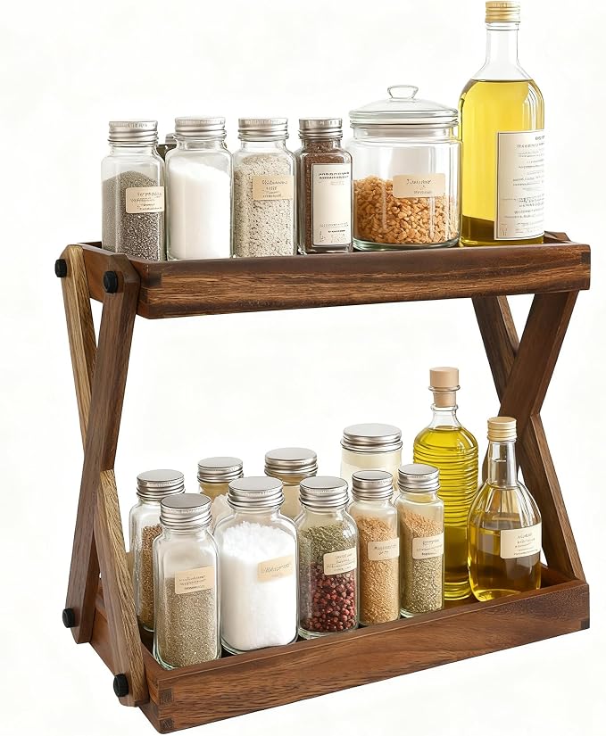 Wood Countertop Organizer, 2 Tier Wooden Shelf for Coffee Bar Accessories, Kitchen Spice Rack Organizer, Condiment Storage Caddy for Home, Office, Bathroom
