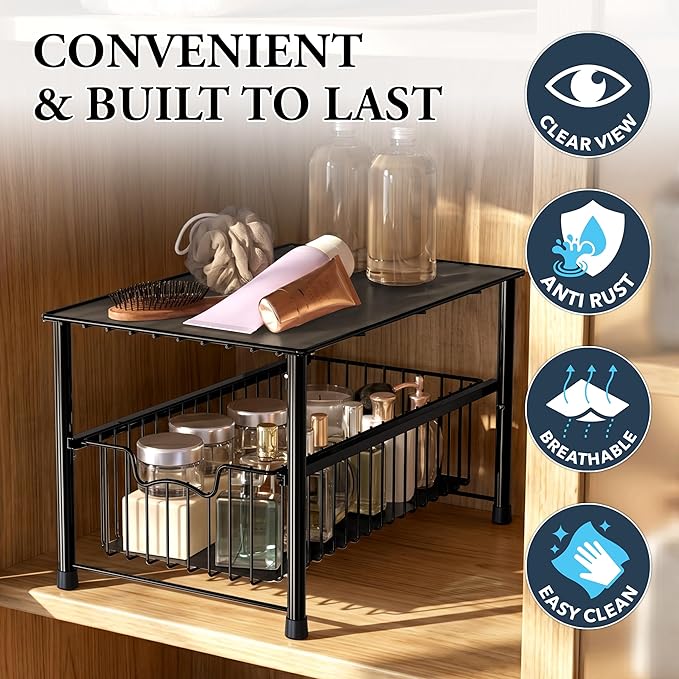 Simple Houseware Stackable Under Sink Cabinet Sliding Basket Organizer Drawer, Black