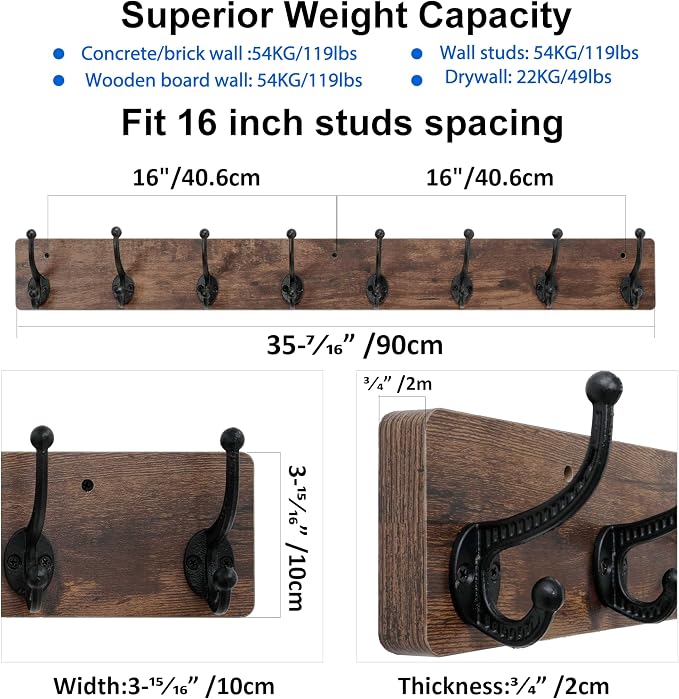 WEBI Rustic Coat Rack Wall Mount,35.43" Long 8 Cast Iron Coat Hooks Wall Mounted,Heavy Duty Wood Wall Coat Hanger Hooks for Hanging Coats,Jacket,Clothes,Backpack,Farmhouse,Rustic Brown