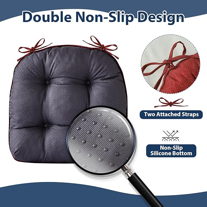 IASEAHK Chair Cushions for Dining Chairs, Seat Cushions for Kitchen Chairs, Indoor Seat Cushions with Ties, Tufted Foam Chair Pads, Non Slip Chair Cushions Set of 4, 15.5" x 15.5" x 4", Red