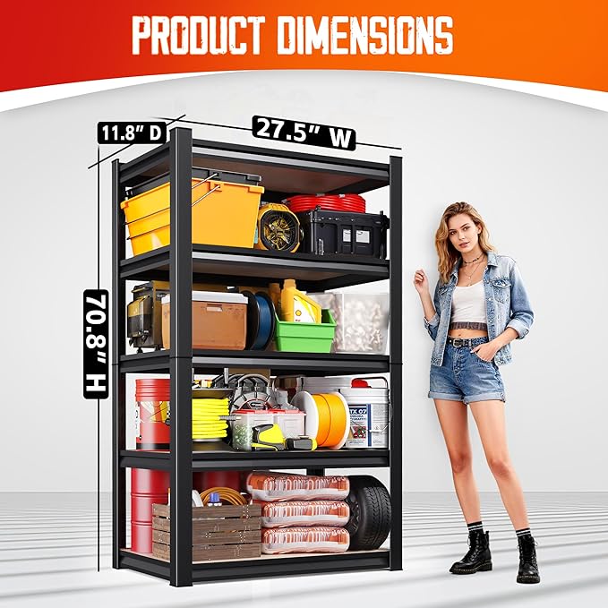 8-Pack Heavy Duty Metal Shelving Units, 71" H x 28" W x 12" D, 5-Tier Adjustable Steel Storage Racks for Garage, Warehouse, Industrial, and Home Organization, 1900 lbs Capacity