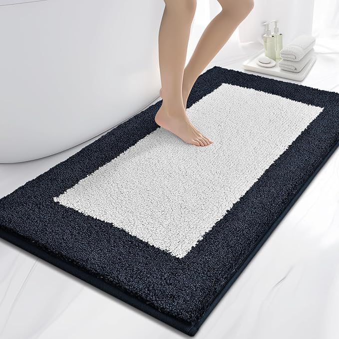 anllugs Bathroom Rugs 30" x 60", Non-Slip Extra Soft Absorbent Bath Rugs, Machine Washable Quick Dry Bath Mats for Bathroom Floor, Shower, Bathtub and Sink, Navy Blue & White