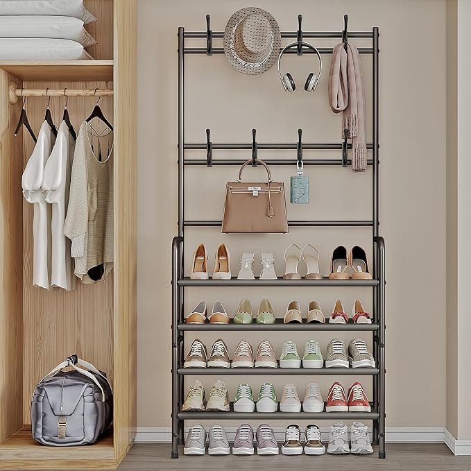 4 Tier Coat and Shoe Rack Entryway Coat Rack with 8 Hooks Shoes Organizer for Living Room Bedroom Office Brown