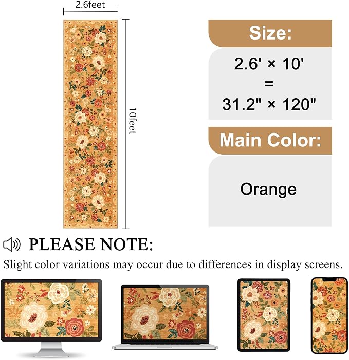 DUKINO Runner Rug for Hallway, 2.6x10 Washable Floral Long Kitchen Rug with Non Slip Backing, Lightweight & Stain Resistant Soft Runners for Indoor Entrance, Laundry, Living Room, Bedroom, Orange
