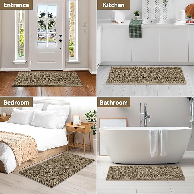 Bcoimo Long Bathroom Rug, Chenille Bath Runner with High Low Pile Design, Soft Absorbent Non Slip Bath Mat, Machine Washable Quick Dry Rug for Shower, Tub, Sink and Vanity
