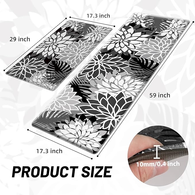 Arenarug Kitchen Mats for Floor 2 Piece Cushioned Anti Fatigue Kitchen Mats Waterproof Non Slip Kitchen Mat Rug Set Comfort Foam Standing Mat for Sink, Laundry, Office, Black White