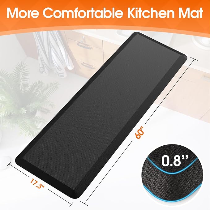 4/5 Inch Thicker Kitchen Mat, Cushioned Thick Floor Comfort Mat, with Non-Slip Bottom, Water & Stain Resistant, Easy Clean Standing Desk Mat for Kitchen, Sink, Office (17.3"x60"x0.8", Black)