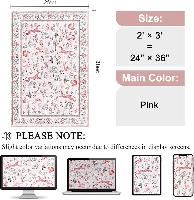 DUKINO 2x3 Rug, Washable Animal Rugs for Entryway, Non Slip Indoor Door Mat, Soft Low Pile Small Area Carpet for Entrance, Bedroom, Kitchen, Laundry, Bathroom, Pink