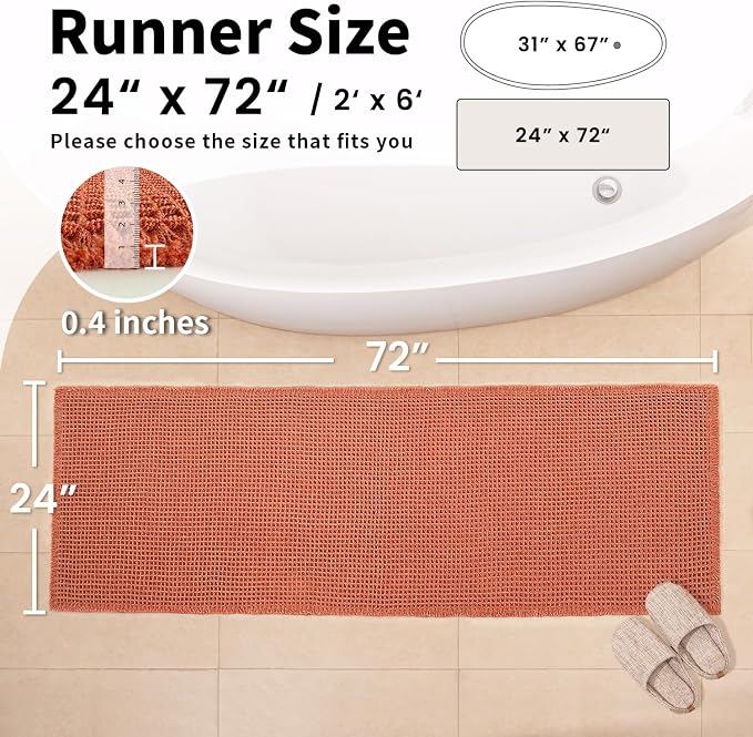 Waffle Runner Bath Mat - Long Boho Bathroom Rugs Non Slip Washable, Super Absorbent & Quick Dry, Soft Bath Mat Farmhouse Bathroom Decor, 24'' x 72'', Dirty Orange