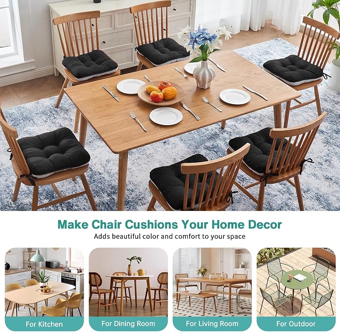 BETU Black Chair Cushions for Dining Chairs Set of 6,3.5" Thick Kitchen Table Chair Pads with Ties,Non Slip Backing and Covers,Seat Cushion for Dining Room,Bar,Patio Chairs,15.5"X15.5"X3.5",Black