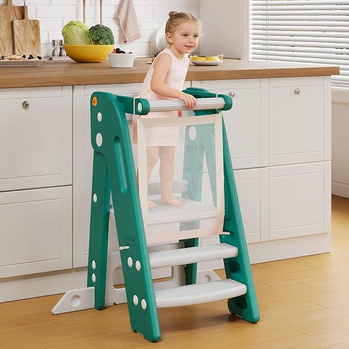 Onasti Toddler Standing Tower, Converts from 3-Step to 2-Step as Kids Grow, Space Saving Kids Kitchen Step Stool for Bathroom Sink, Kitchen Counter and Everyday Household Use-Green