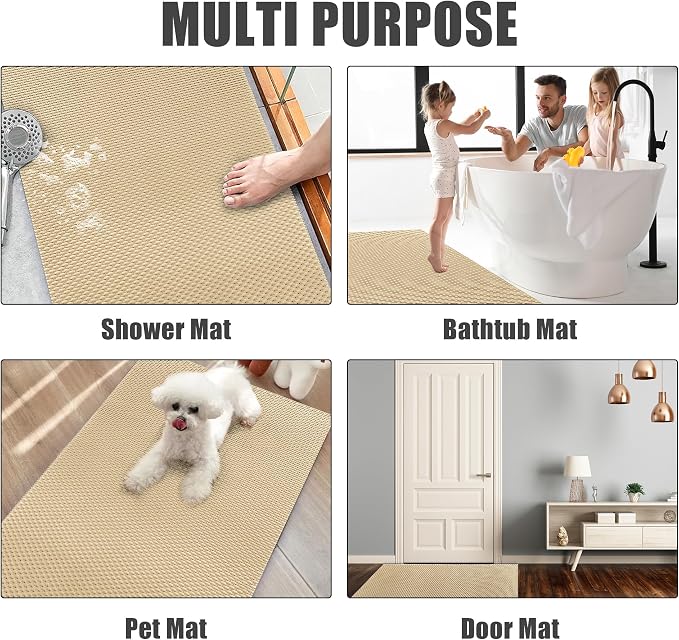 HOMBYS 58 x 32 Extra Large Shower Mat for Shower Stall Tub, Non Slip Bath Mat Bathroom Accessories, PVC Mats for Shower and Bathroom, Quick Drying, (Khaki, 58"x32")