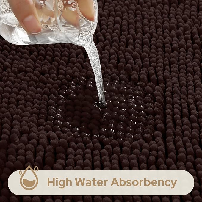 HOMEIDEAS 3 Pieces Bathroom Rugs, Ultra Soft Non Slip Absorbent Chenille Toilet Bath Mat Set (Brown)