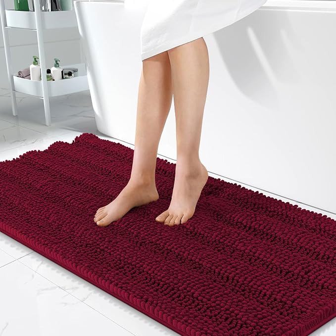 OLANLY Thick Bathroom Runner Rugs 47x24, Extra Absorbent Chenille Striped Bath Rugs, Rubber Backing, Machine Wash Dry, Long Bath Mats for Bathroom, Tub and Shower, Home Decor Accessories, Burgundy