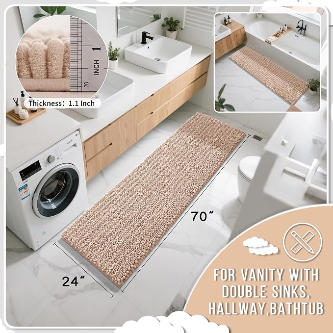 Yimobra Bathroom Runner Rug 70x24 Inch - Extra Long Non Slip Chenille Bath Mat, Soft & Absorbent, Machine Washable Shaggy Hallway Carpet for Vanity Tub Shower, Light Brown Home Decor Accessories