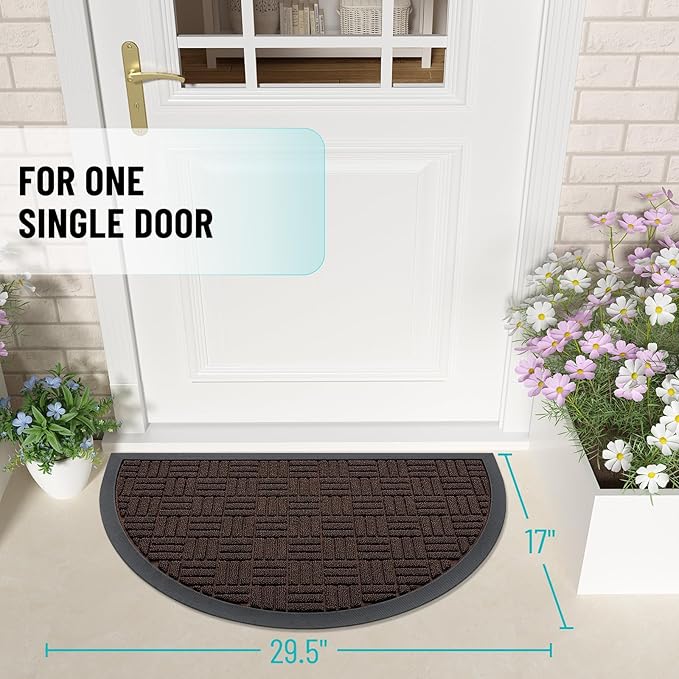 OLANLY Half Circle Door Mat Outside Entrance 29.5x17, Absorbent, Heavy Duty Sturdy Natural Rubber Doormat Indoor Outdoor, Fade Resistant, Non-Slip Backing Low Profile Floor Mat for Entryway, Brown
