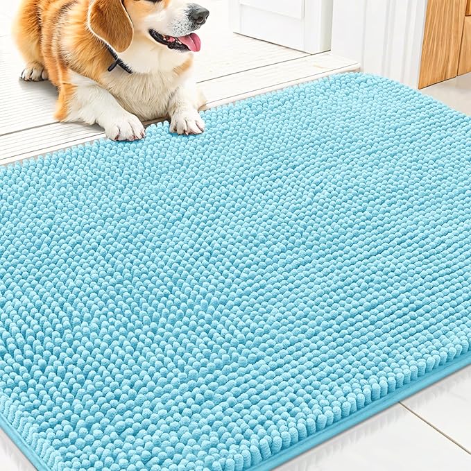 Smiry Dog Door Mat for Muddy Paws 30x20, Absorbent Dirt Trapper, Non-Slip Washable Chenille Entryway Rug for Inside Floor, Sky Blue, Classic Solid
