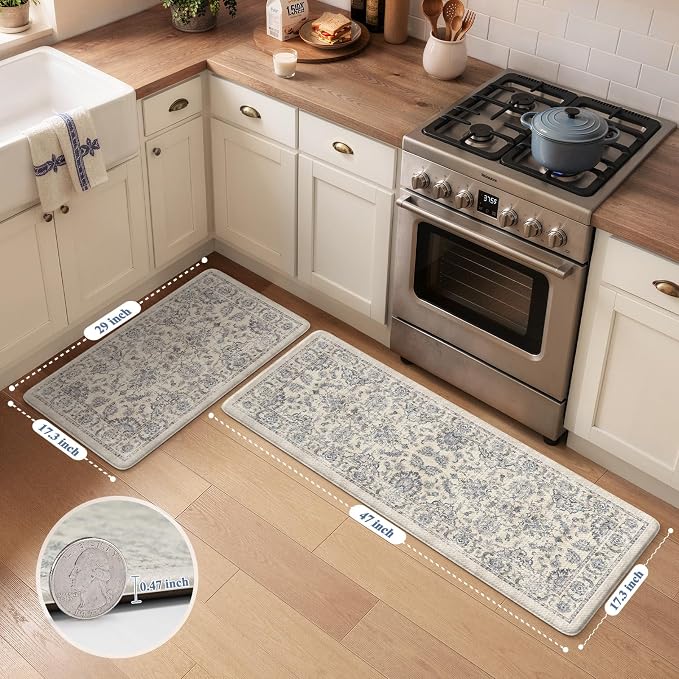 KIMODE Anti Fatigue Kitchen Mats for Floor, Boho Floral Kitchen Rugs 17"x29.5"+17" x47”, Cushioned Mats for Kitchen Floor, Non Slip Kitchen Floor Mats, Sink, Laundry, Office, Desk Blue Multi
