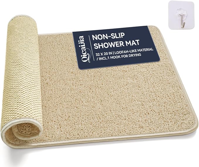 Non Slip Shower Mat Bathtub Mat 20x32 Inch, Quick Dry Bath Mat with Drain, Soft PVC Imitation Loofah Foot Scrubber Bath Mats for Bathroom Tub Shower Floor, Hangable & Hook Included, Beige