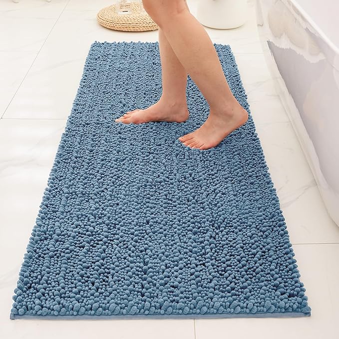 Bathroom Rugs Non Slip Washable 60x24, Extra Thick Soft Chenille Absorbent Bath Mat, High Density Barrier Non Slip Backing, Quick Dry Plush Shaggy Floor Carpet for Tub&Shower, Blue
