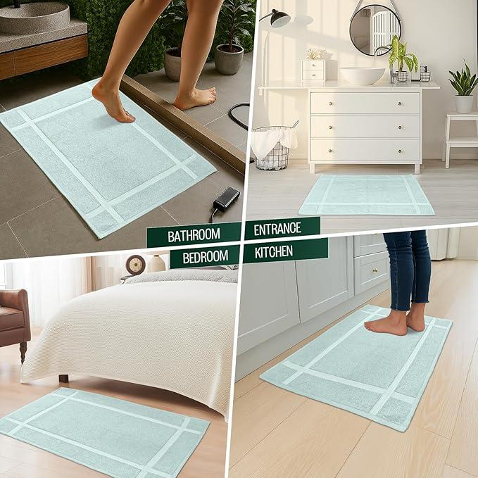 Pearl Linens Pack of 2 100% Cotton Bath Mat 18x25 inches, Soft & Absorbent Quick Dry Bathroom Mat Set, Not Bathroom Rugs, After Shower Mat, Bath Tub Mat, 781 GSM, Machine Washable, Mint Green