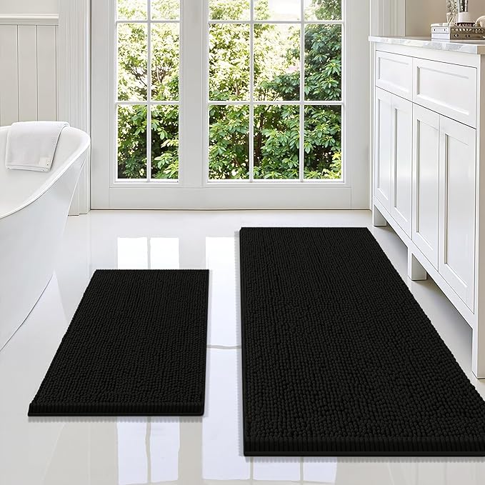 Smiry Bathroom Rugs Sets 2 Piece, Soft Absorbent Chenille Machine Washable Non Slip Shaggy Bath Rug Set for Tub, Shower, and Floor (47x20+24x16, Black)