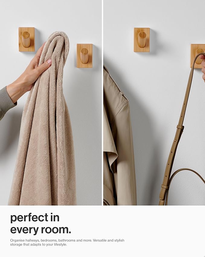 LARHN Wooden Wall Hooks (4-Pack), Wall Mounted Coat Hooks for Wall, Wood Hooks for Hanging - Modern Scandinavian Home Decor - Series 6