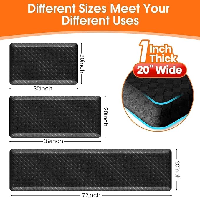 StepRite 1” Thick Kitchen Mats for Floor, Anti Fatigue Kitchen Rugs, Non-Slip,Heavy Duty Water Resistant Kitchen Rug, Standing Desk Mat for Friends, Family, Home, Kitchen, Office (32" x 20", Black)