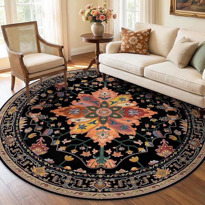RELEANY Area Rugs Round 6ft Washable Non-Slip, Floral Vintage Distress Medallion Carpet for Living Room Bedroom Dining Room, Black Colorful Floral Dark Tan