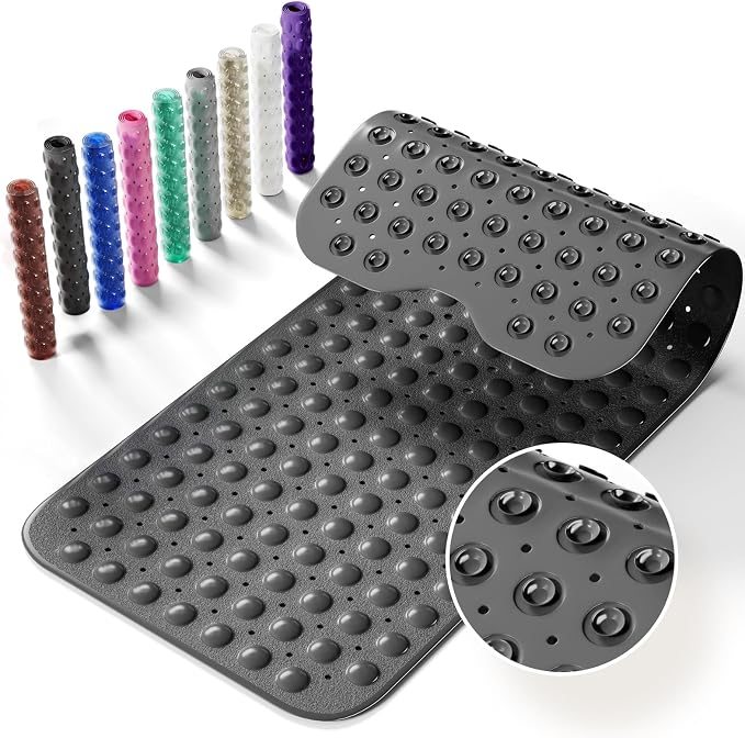 Non-Slip Bath Tub Mat, 39x16 Inch Extra Large Shower Mat with Drain Holes & Suction Cups, Machine Washable, Black