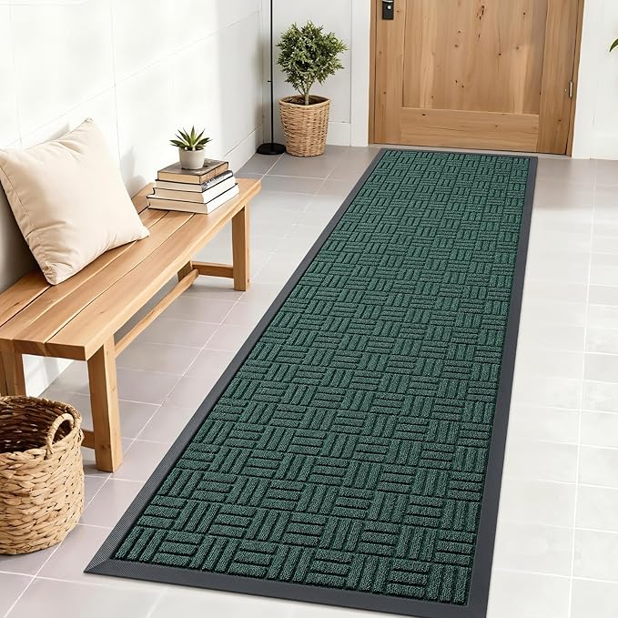 OLANLY Front Door Mat Outside Entrance 71x23, Absorbent, Heavy Duty Sturdy Natural Rubber Doormat Indoor Outdoor, Non-Slip, Stain and Fade Resistant, Low Profile Floor Mat for Entryway, Black Green