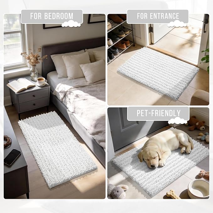 Yimobra Bathroom Rugs Non Slip Washable - Ultra Soft Absorbent Chenille Bath Mat, Quick Dry Shaggy Floor Carpet for Tub Shower, White Home Decor Accessories, 24x17 Inch