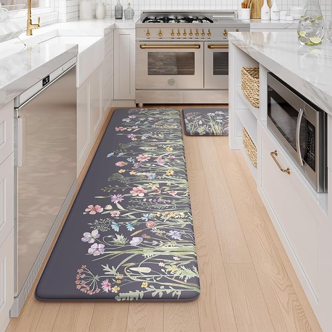 KIMODE Anti Fatigue Kitchen Mat for Floor, 17"x59"+17"x29" Floral Kitchen Rugs Sets of 2, Kitchen Floor Mats Non-Slip, Cushioned Standing Desk mat for Sink, Laundry, Office Dark Grey/Purple
