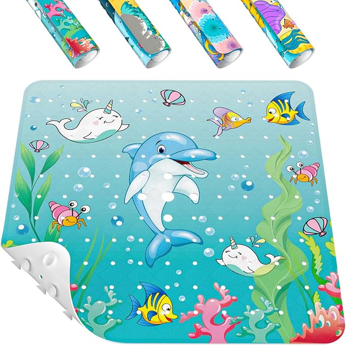 HITSLAM Square Shower Stall Mat Anti Slip, Quick Dry 21x21 Inch Bathtub Floor Mat for Kids with Suction Cups and Drainage Holes, Machine Wash, Soft on Feet, Dolphin