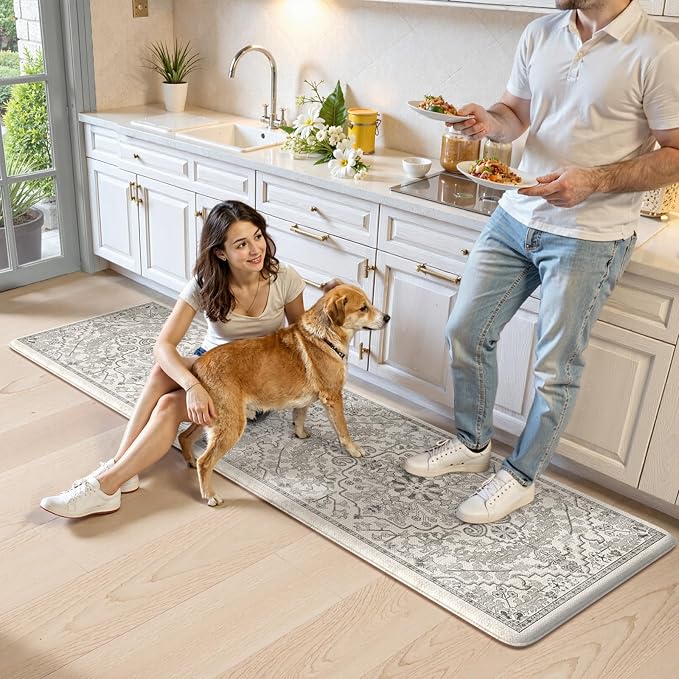 KIMODE Anti Fatigue Kitchen Mats, Padded Kitchen Floor Mats 24"x71", Boho Vintage Kitchen Runner Rugs, Light Grey Rugs for Kitchen Floor, Cushioned Standing Mat for Laundry Office Sink Desk