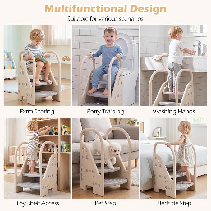 Costzon Toddler Step Stool for Bathroom Sink, Adjustable 3-Step Helper Stool for Kids with Non-Slip Pads, Plastic Ladder for Bedroom Kitchen Counter Potty Training (Grey, 17.5" L x 17" W x 27.5" H)