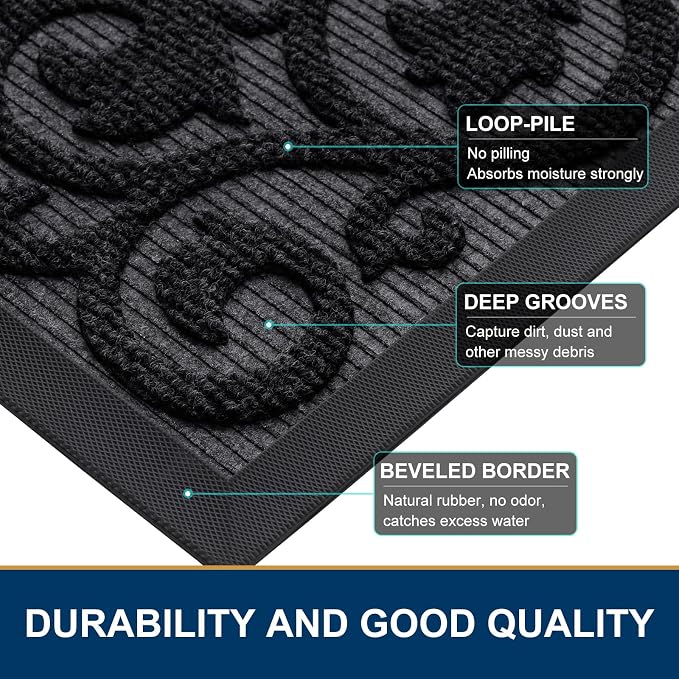 Smiry Welcome Door Mat Outside Entrance, Heavy Duty Trap Dirt and Moisture Easy Clean Low Profile Patio Porch Indoor Outdoor Front Doormat for Entry, 29.5x17 Inch, Black