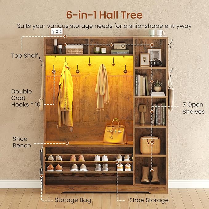 Itaar Hall Tree with Bench and Shoe Storage, Farmhouse Entryway Bench with Coat Rack, Shoe Cabinet with Flip Drawers, 7 Shelves, 10 Coat Hooks, Storage Bag, Led Lights, Rustic Brown