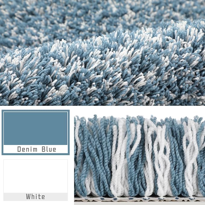 Yimobra Toilet Rugs U Shaped Washable 24X20, Ultra Soft and Water Absorbent Bath Mats, Non Slip Fluffy Shaggy Luxury Microfiber Contour Bath Rugs for Toilet, Dry Quick, Denim Blue and White