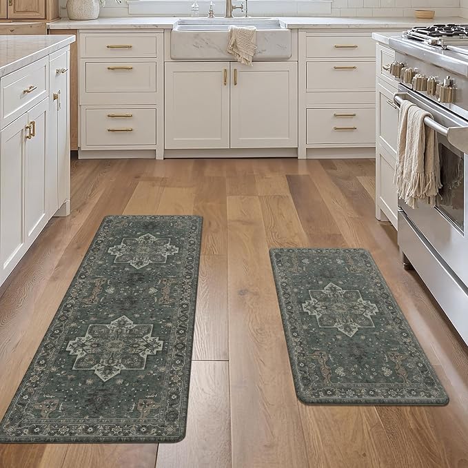 GENIMO Kitchen Mats for Floor 2PCs, Washable Anti Fatigue Mat for Cushioned, 17.3"x47"+17.3"x30", Waterproof Kitchen Rugs, Non Slip Comfort Standing Mat Rug for Home, Sink, Laundry, Forest Green