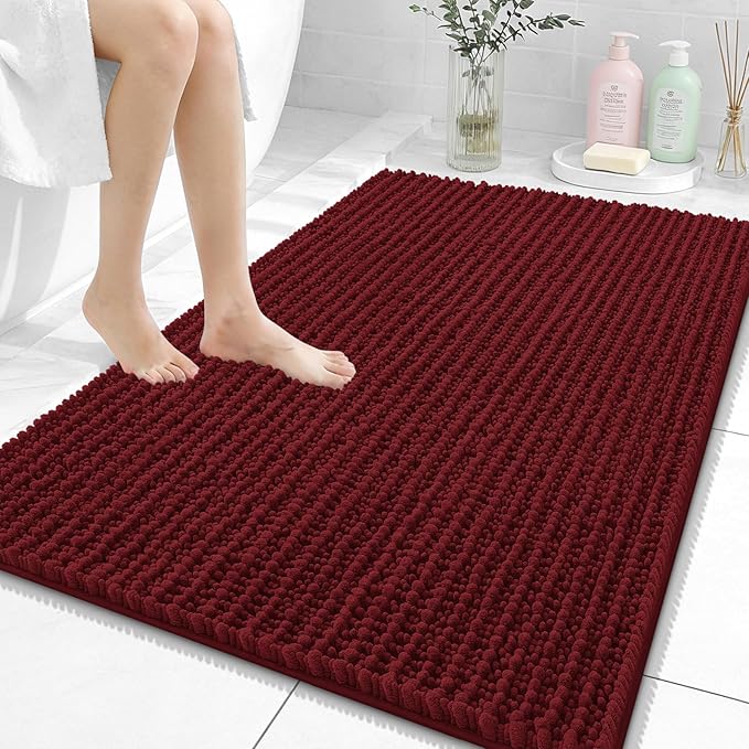 OLANLY Bathroom Rug Mat 40x32, Thick Soft and Absorbent Chenille Bath Mat, Non-Slip Rubber Backing, Machine Washable Quick Dry Bath Rugs for Tub Shower Floor, Home Decor Accessories, Burgundy