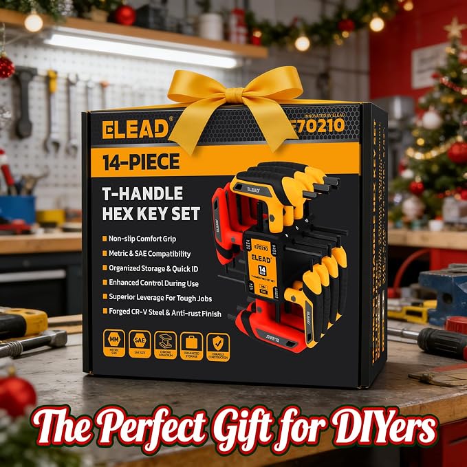 ELEAD 14-Piece T-handle Allen Wrench Set, Metric 2.5mm-10mm & SAE 1/8"-3/8" Portable Hex Key, Long Arm Allen Key Set with Storage Rack for Basic Home Repair and Mechanical Maintenance