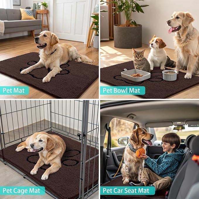 Smiry Dog Door Mat for Muddy Paws, Absorbent Dirt Trapper Non Slip Quick Dry Washable Chenille Mat for Mud Dogs, Entry Rug for Indoor and Outdoor (59x24 Inches, Brown and Black)